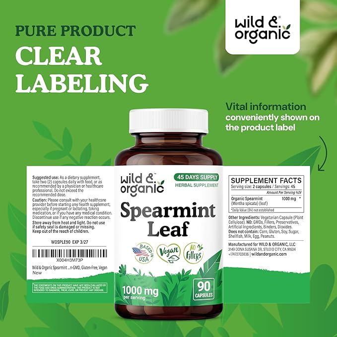 Wild &amp Organic Spearmint Capsules - 1000 mg Spearmint Supplement for Digestive Support - 45 Days of Supply - 90 Leaves Extract Capsules - Vegan Non-GMO Gluten-Free No Fillers