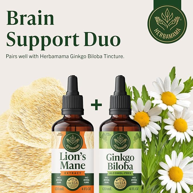 HERBAMAMA Lions Mane Tincture - Vegan Focus &amp Nerve Support with Lion's Mane Mushroom Extract - Hericium Erinaceus Brain Support Supplement - Non-GMO Alcohol &amp Sugar-Free - 84-Day Supply