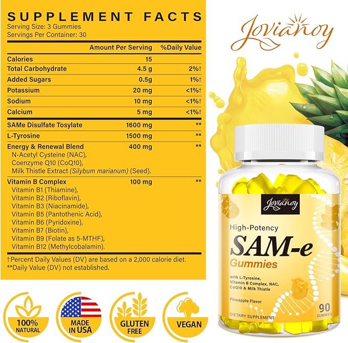 SAM-e Gummies with L-Tyrosine Vitamin B Complex &amp NAC CoQ10 High-Potency SAM-e Supplement - Pineapple Flavor for Mood Joint Cognitive &amp Liver Detox Vegan Friendly 90 Gummies