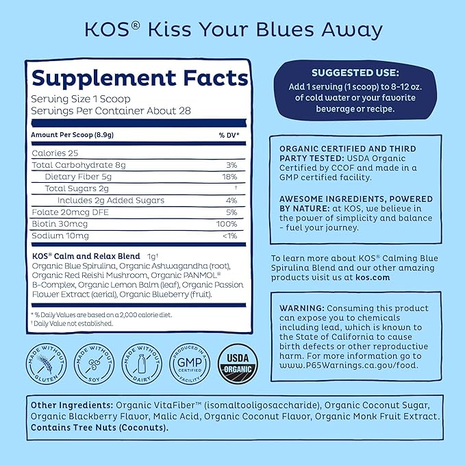 KOS Calming Blue Spirulina Blend- USDA Certified Organic - Algae Superfood Powder with Ashwagandha Root Lemon Balm Reishi Mushroom B Vitamins - Berry Coconut Cooler Flavor 28 Servings