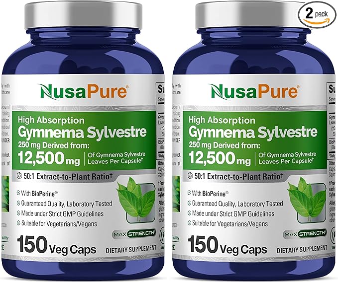 NusaPure Gymnema Sylvestre 50:1 Extract 250 mg Equivalent to 12500mg Per Vegan Caps - 150 Count (Non-GMO Vegan Bioperine) (Pack of 2)