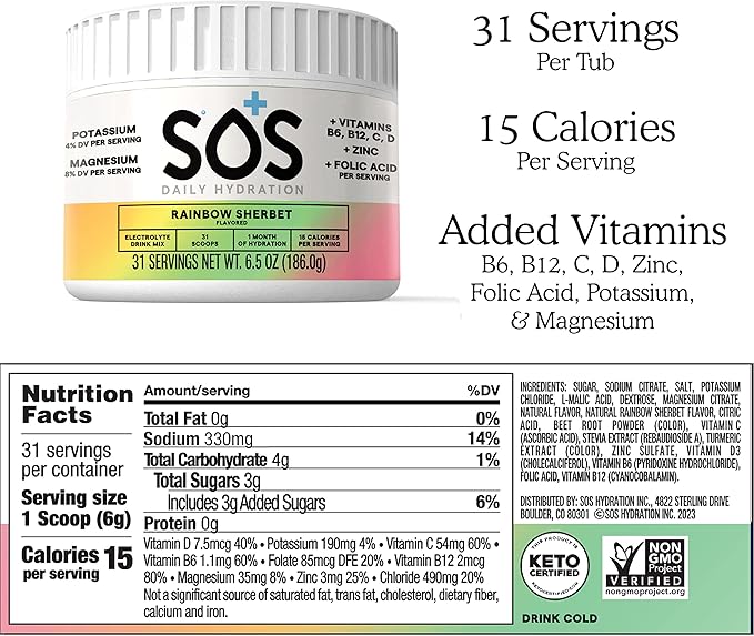 SOS Hydration Electrolyte Powder Drink Mix – Rainbow Sherbet 31 Servings | Low Sugar Electrolytes 15 Cal | Keto Hydration Powder for Rapid Rehydration