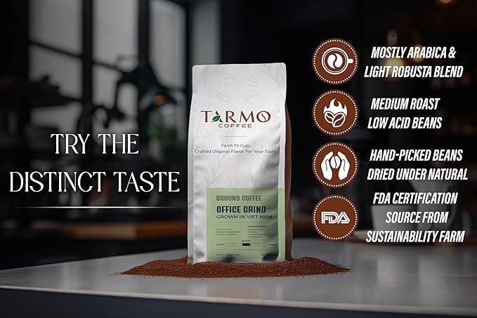 Tarmo Coffee | OFFICE GRIND - Low Acid Ground Coffee Vietnamese Coffee Premium Arabica &amp Robusta Blend Medium Roast Coffee 12 Oz Bag