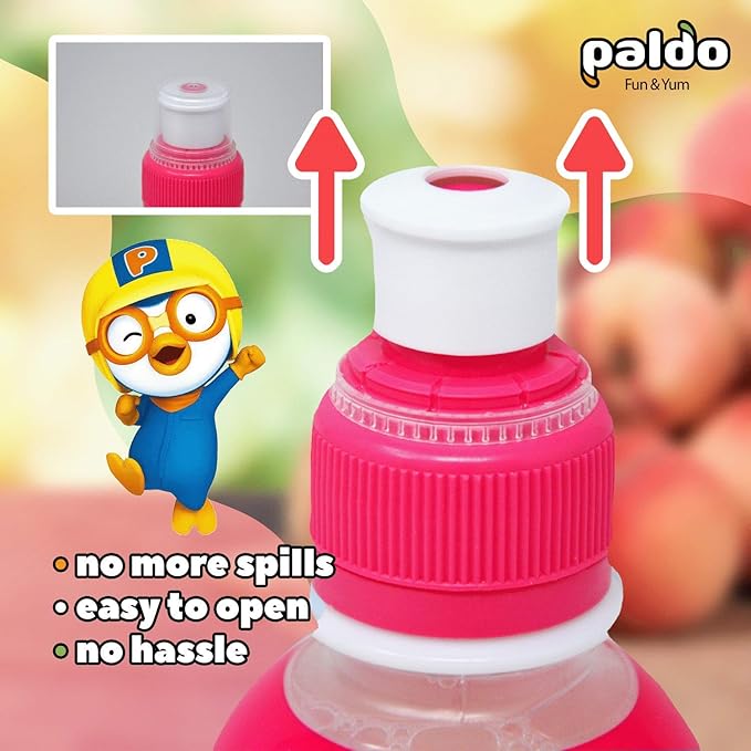 Paldo Fun &amp Yum Pororo Kids Peach Flavor Drink Pack of 8 Fruit Juice Drinks with Comfortable Push-Pull Sports Cap Perfect Drink for Children 7.95 fl oz. x 8