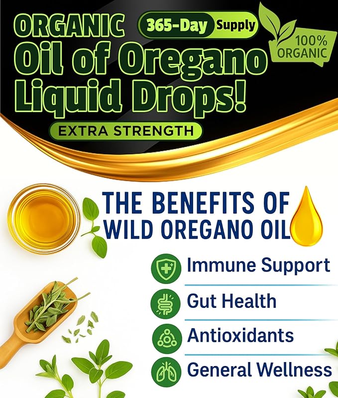 Organic Oregano Oil Drops - 1000 Servings 12 Month Supply Wild Oil of Oregano 9X Carvacrol Immune &amp Digestive Support Non-GMO Food Grade Herbal Supplement Alternative to oil of Oregano Tinc
