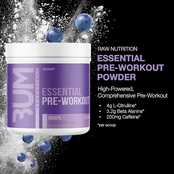 RAW Essential Pre-Workout Powder (Grape) - Chris Bumstead Sports Nutrition Supplement for Men &amp Women - Preworkout Energy Powder with Caffeine L-Citrulline L-Tyrosine &amp Beta Alanine Blend