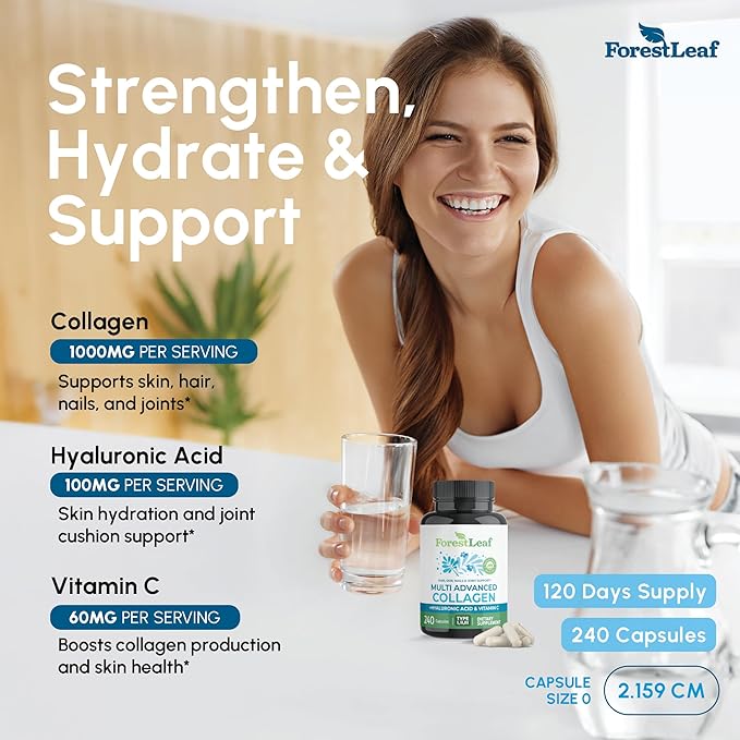 ForestLeaf Multi Collagen Pills - Collagen Men &amp Collagen Women - Hydrolyzed Collagen Supplements with Vitamin C &amp Hyaluronic Acid - Collagen Capsules for Hair Skin &amp Nails (240 Peptide C