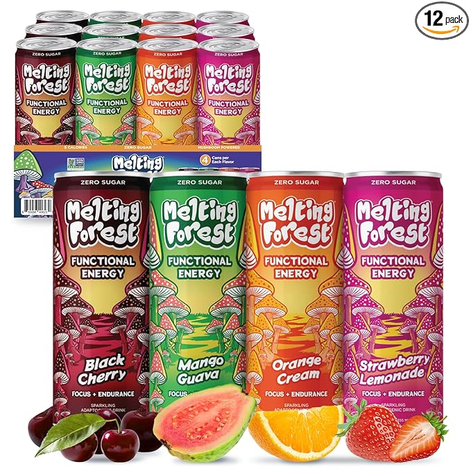 Melting Forest Mushroom Energy Drink 150mg of Caffeine L-Theanine Cordyceps &amp Lion's Mane Energy &amp Focus Cognitive Function &amp Mental Clarity Variety Pack (12 Pack)