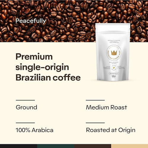 4-Pack Specialty Coffee Peacefully – Arabica Roasted Ground on the Farm – Freshness and Authentic Flavor Notes of Chocolate Vanilla Nuts – Carefully Harvested Medium Roast – Brazilian Coffee King