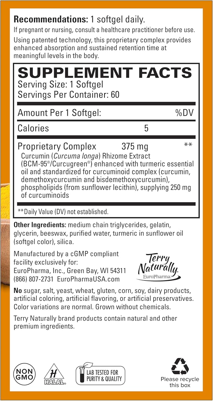 Terry Naturally CuraMed 375mg - Antioxidant Supplement for Brain &amp Immune Health Support - Dietary Supplement with Curcumin &amp Turmeric Essential Oil - Herbal Liver Support - 60 Softgels
