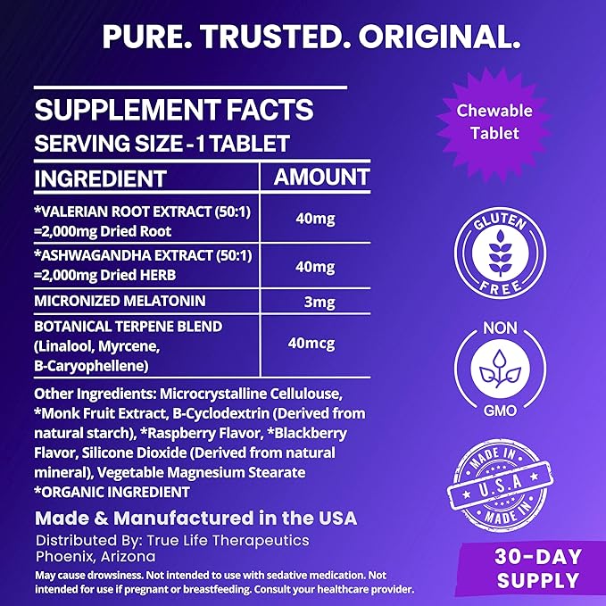 Powerful Sleep Support – Valerian Root Ashwagandha Melatonin &amp Botanical Terpenes – Fast-Acting Soft Chewable Tablets – Botanical Berry Flavor – 30ct