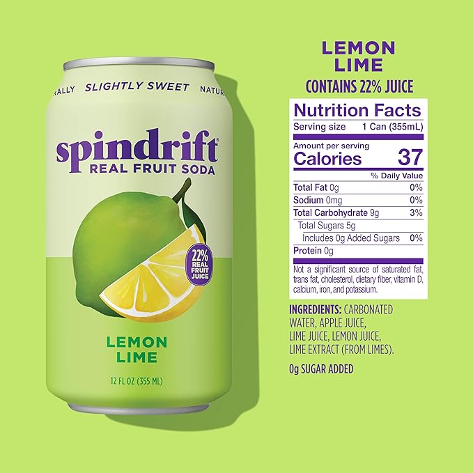 Spindrift Lemon Lime Soda Made with Real Squeezed Fruit Pack of 12
