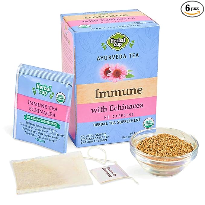 Herbal Cup Ayurveda Immune Tea Organic Echinacea Booster No Caffeine Herbal Teas (Immune Echinacea 16 Count (Pack of 6))