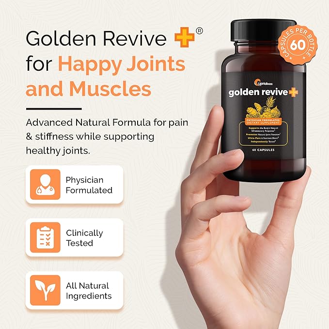 UpWellness Golden Revive + Joint Support Supplement Featuring Turmeric with Black Pepper Quercetin and Magnesium- Turmeric Boswellia Supplement - 6 Active Ingredients - 60 Capsules 3 Pack