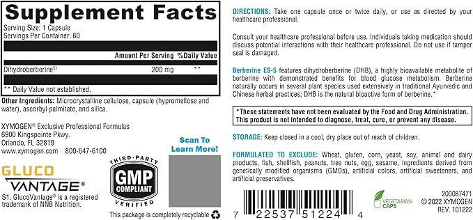 XYMOGEN Berberine ES-5 - Dihydroberberine Berberine Supplement - 5X The Traditional Bioavailability - Metabolic Support (60 Capsules)