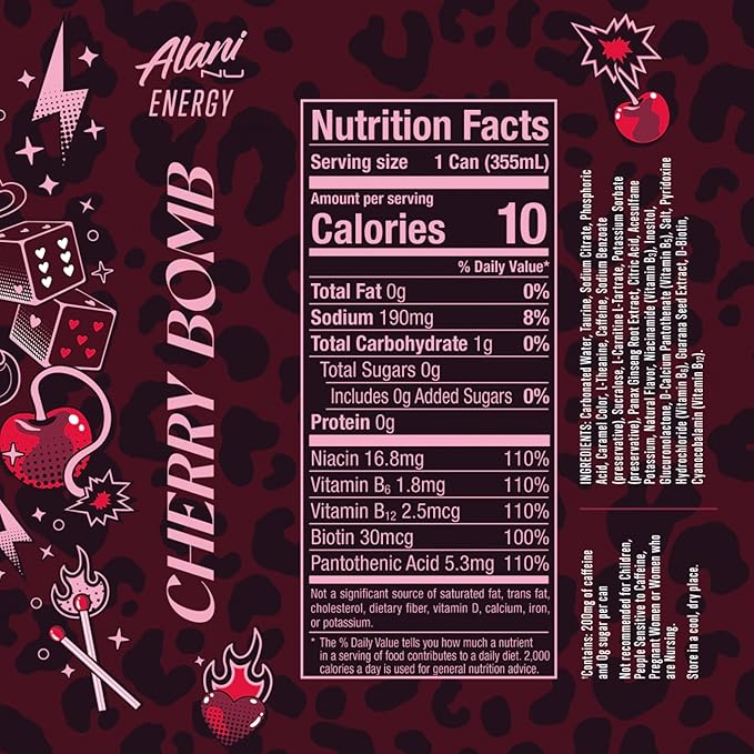 Alani Cherry Bomb Sugar Free Low Calorie Energy Drinks 12 Fl Oz Cans 3 Cans!