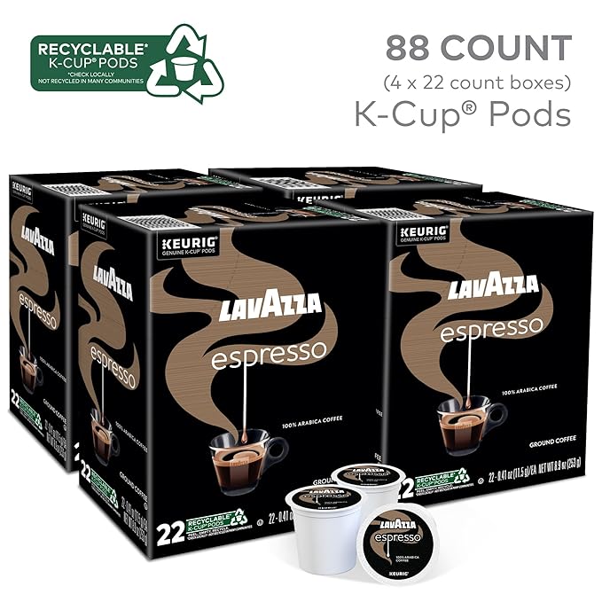 Lavazza Espresso Single-Serve Keurig K-Cup Pods Medium Roast Coffee 88-Count Box (4 Packs of 22)