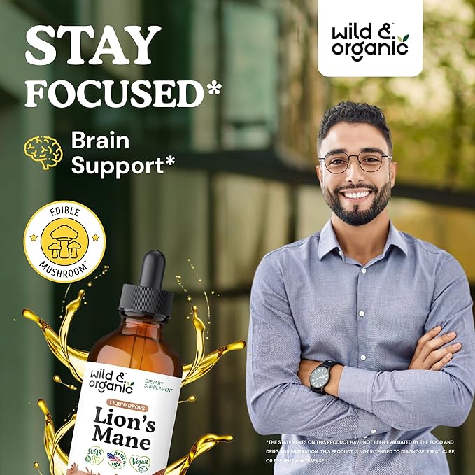 Wild &amp Organic Lions Mane Liquid Drops - Brain &amp Focus Support - 84-Day Supply - Lion's Mane Mushroom Supplement - Hericium Erinaceus Mushroom Drops - Sugar &amp Alcohol-Free Extract Tincture