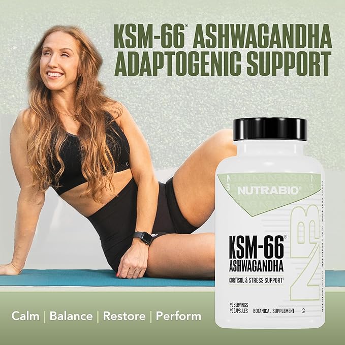 NutraBio Ashwagandha KSM-66 | Ashwaganda Herbal Supplement for Stress Mood &amp Performance | 600 MG of Clinically Studied KSM66 90 Capsules