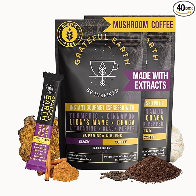 Grateful Earth Mushroom Coffee Espresso Instant Coffee with Cinnamon Turmeric Lion’s Mane Mushrooms L-Theanine Chaga Super Brain Blend Energy &amp Immune Support Dairy &amp Gluten Free 2 Bag