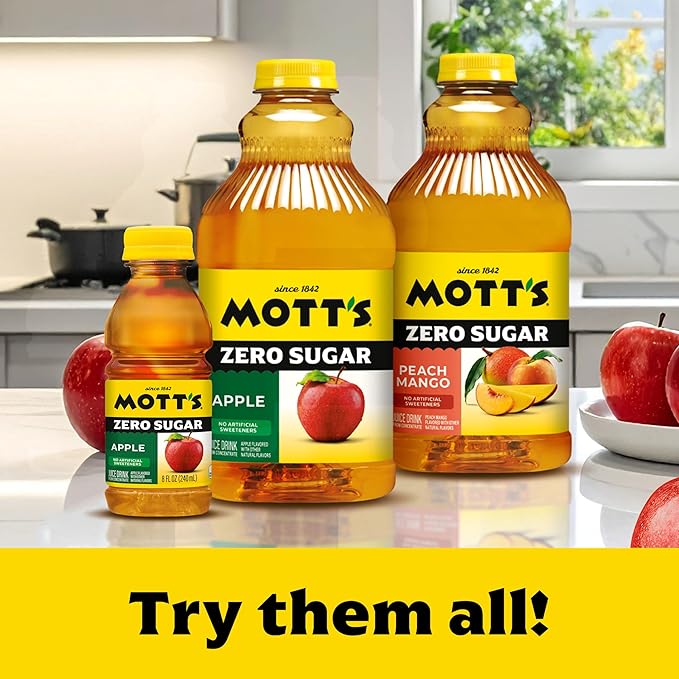 Mott's Zero Sugar Apple Juice Drink 64 fl oz Bottle (Pack of 8) Apple Flavor Excellent Source of Vitamin C