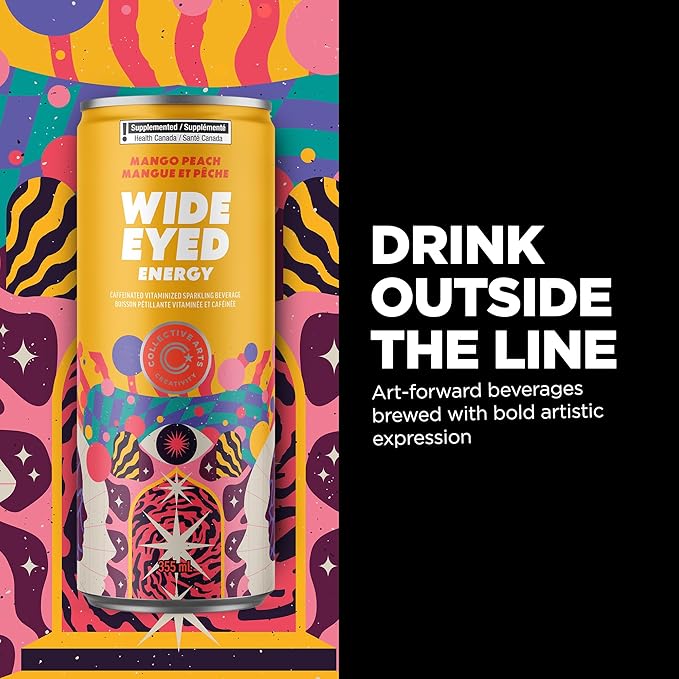 Collective Arts Wide Eyed Energy Drinks | Naturally-Flavored Caffeinated Vitaminized Sparkling Beverage With Fruit Extracts | Mango Peach MAX | Pack of 12 | 12 fl oz.(355ml)
