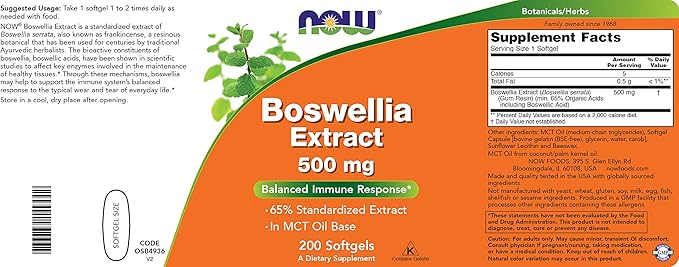 Now Boswellia Serrata Extract 500 mg 200 Softgels - Gum Resin in MCT Oil Base - Herbal Supplement