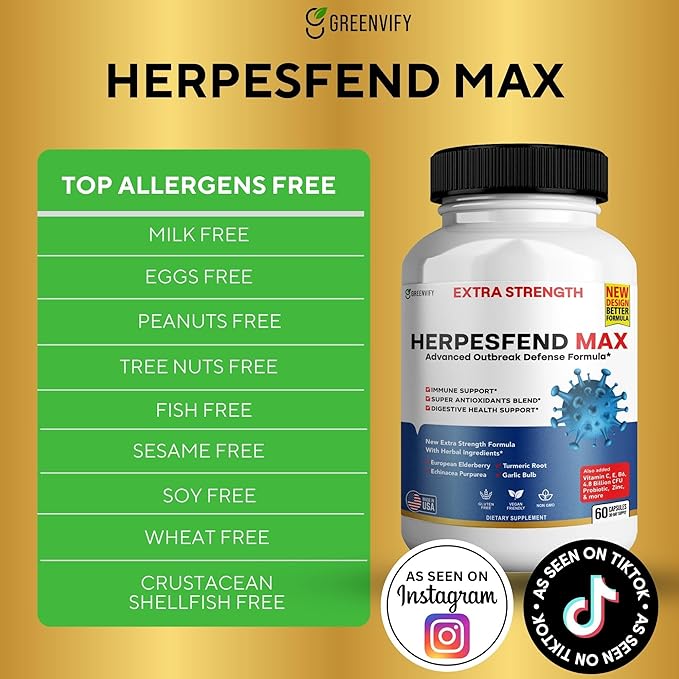 HerpesFend Max Extra Strength Advanced Defense Formula 60 Capsules with Elderberry Echinacea Turmeric Garlic Vitamins and Probiotics