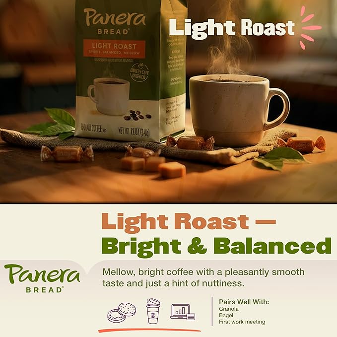 Panera Light Roast Ground Coffee 100% Arabica Sustainably Sourced – Smooth Bright &amp Balanced Flavor – Clean Label No Artificial Ingredients – Kosher Gluten-Free 12oz Bag Pack of 6 (72oz Total