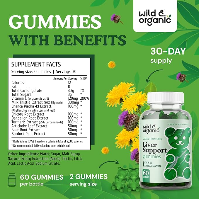 Wild &amp Organic Liver Support Gummies - Milk Thistle Dandelion Root Extract for Liver Cleanse Detox - 60 Silymarin Milk Thistle Gummies - Vegan Non-GMO Herbal Supplement.