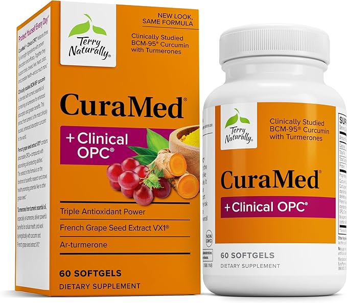 Terry Naturally CuraMed + Clinical OPC - Curcumin Supplement with French Grape Seed Extract - Brain Prostate &amp Liver Health Support - Supplement with Ar-Turmerone - 60 Softgels