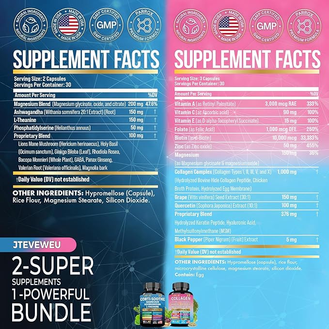 Shining Serenity Set Cortisol Support with Ashwagandha L-Theanine Magnesium Lions Mane GABA Bacopa Monnieri Collagen Biotin Keratin Hyaluronic Acid Quercetin