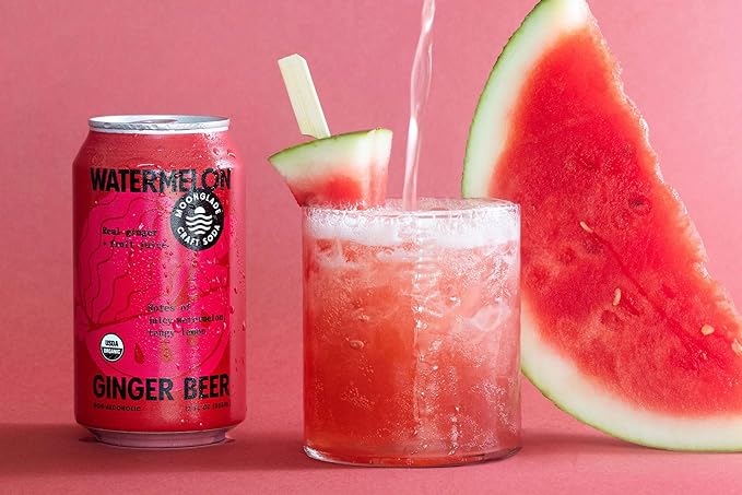 NEW! Moonglade Juicy Watermelon Ginger Beer Organic Small Batch Craft Mixer Non-Alcoholic 21% Juice! Craft Soda (12 Pack)
