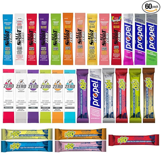 Gatorade G Zero All Sport Propel and Sqwincher Zero Electrolyte Powder Packets Variety - 30 Different Packets 2 of Each Packet (60 Pack)