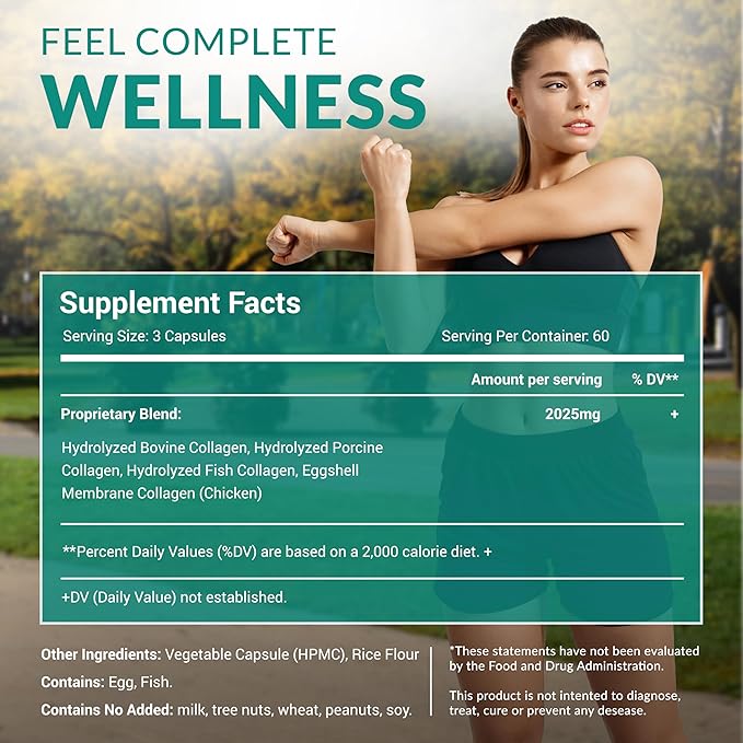 Multi Collagen 180 Protein Capsules - Type I II III V X Collagen Pills - Proprietary Blend of Eggshell Chicken Wild Fish &amp Grass-Fed Beef Collagen Peptides - 2025mg per serv
