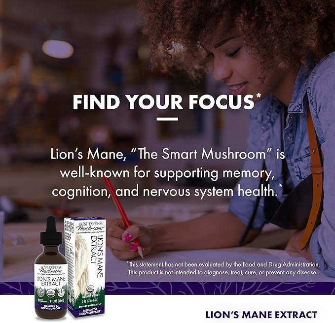 Host Defense Mushrooms Lion's Mane Extract - Lion's Mane Liquid Supplement for Brain Health - Mushroom Support for Focus &amp Memory Function - Immune &amp Nervous System Support - 2 fl oz (60 Servi