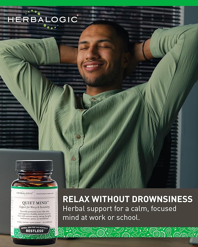 Herbalogic - Quiet Mind Herb Capsules - Non-Sedating Promotes a Feeling of Zen-Like Calm - Eases Anxious Worry and Panicky Mood - Based on The Traditional Chinese Formula GUI Pi Tang - 30 Cap Count