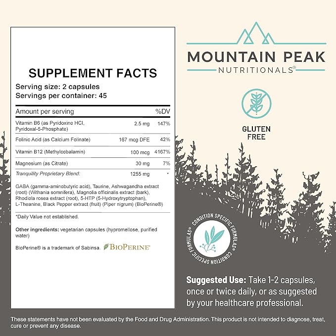 Mountain Peak Nutritionals Tranquility &amp Mood Support Formula Bundle - Supports Brain Health Stress Relief Sleep &amp Serotonin Levels - Hypoallergenic Dietary Supplement (2 Pack 90 Capsules E