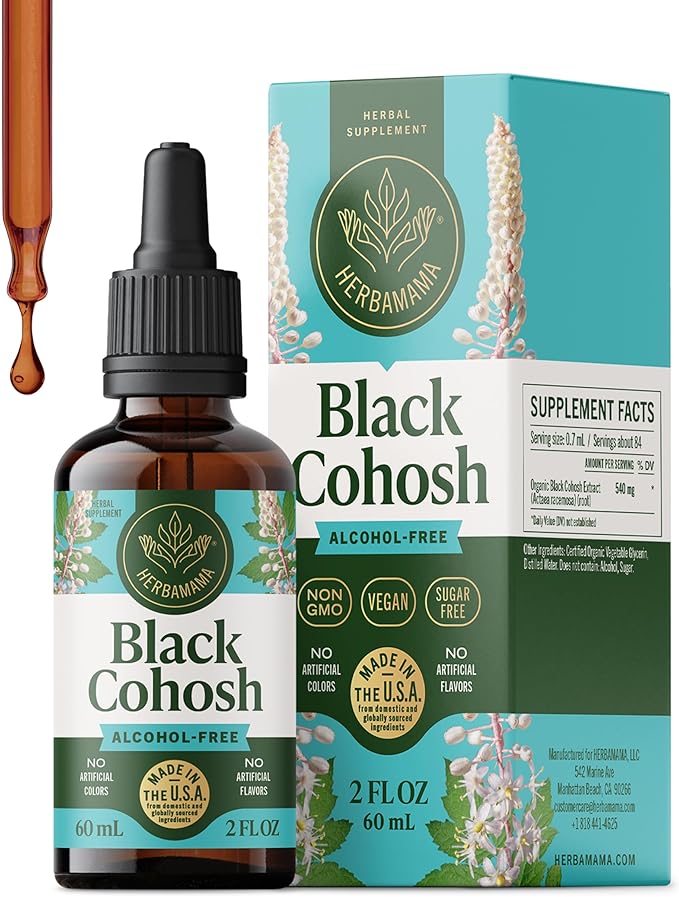 HERBAMAMA Black Cohosh Tincture - Vegan Women's Support with Black Cohosh Root Extract Drops - Non-GMO Alcohol &amp Sugar-Free Liquid Herbal Supplement 84-Day Supply