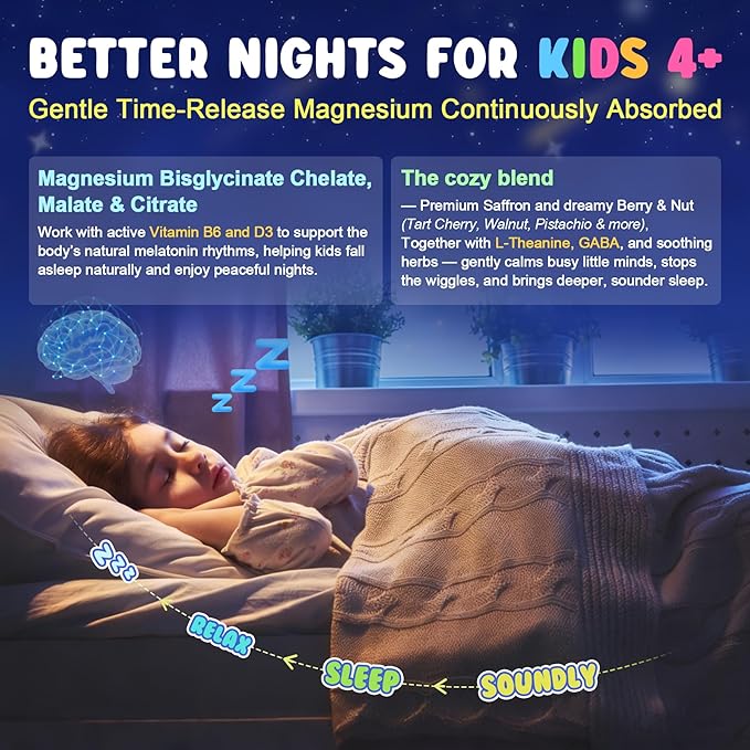 Kids Sleep Gummies NO Melatonin - Triple Magnesium Glycinate + Saffron GABA Berry &amp Nut Superfood Gummies Sugar Free Nighttime Sleep Aid &amp Calm for Kids 4+ Restful Sleep Brain &amp Muscl