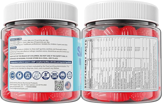 Saffron +Magnesium Glycinate +Omega-3 - Calm Focus Gummies for Kids 4+ Saffron Extract Supplement with L-Theanine Holy Basil Rosemary B6 D3 for Happy Mood Cognition ZZz Sugar Free 2 Pack