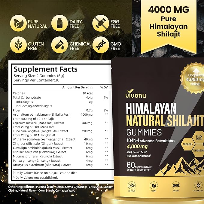 VivoNu Shilajit for Men &amp Women Shilajit Gummies | 4000mg High Potency 10-in-1 Formula with Pure Himalayan Shilajit Ashwagandha and 75% Fulvic Acid | Sugar-Free Vegan 85+ Trace Minerals