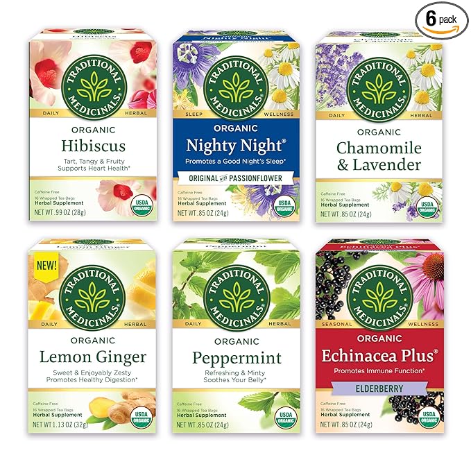 Traditional Medicinals Organic Herbal Tea - Six Calming Flavors Chamomile Hibiscus Peppermint Lemon Balm Lemon Ginger &amp Passionflower 96 Tea Bags (6 Pack)