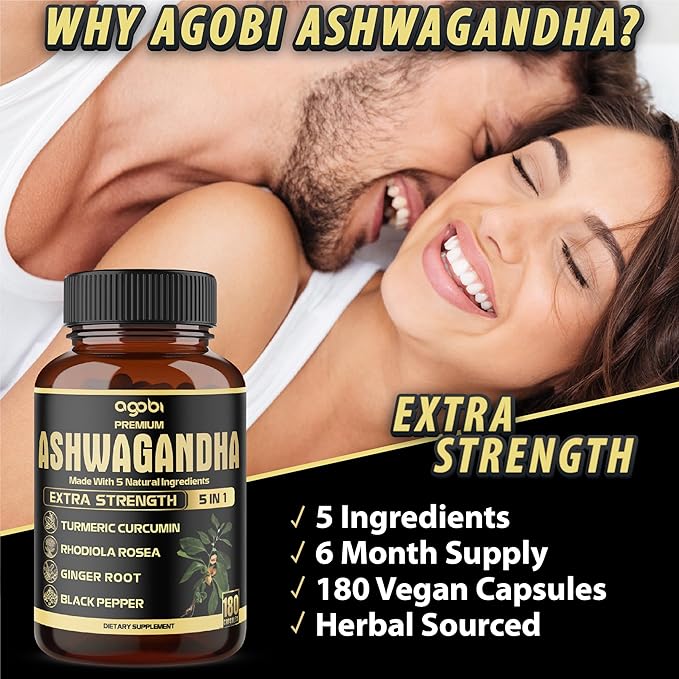 5in1 Premium Ashwagandha Capsules - Added Turmeric Rhodiola Rosea Ginger Black Pepper - 180 Caps for 6 Months