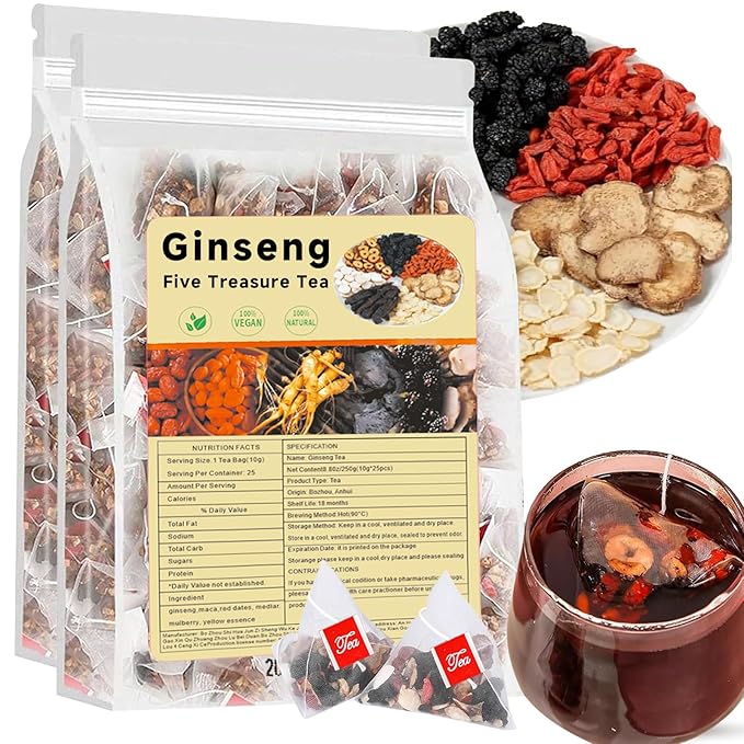 Kidney Tea Formula Ginseng Six Treasures Tea Bags 50 bags Traditional Chinese Herbal Teabag Suitable for Men and Women 6 Precious Ingredients Formula