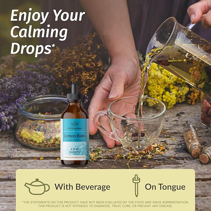 HERBAMAMA Herbal Liquid Drops Kit - Bundle of Lemon Balm 4 fl oz &amp Cat's Claw Tincture 2 fl oz - Vegan Non-GMO Sugar &amp Alcohol-Free - 2 Pack