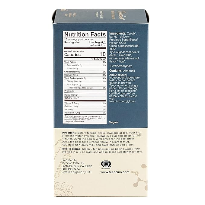 Teeccino Macadamia Nut - Prebiotic SuperBoost™ Herbal Tea - Support Your Probiotics with Vegan GOS &amp Organic XOS For Good Gut Health - Digestive Dessert Tea 25 Tea Bags (Pack of 2)