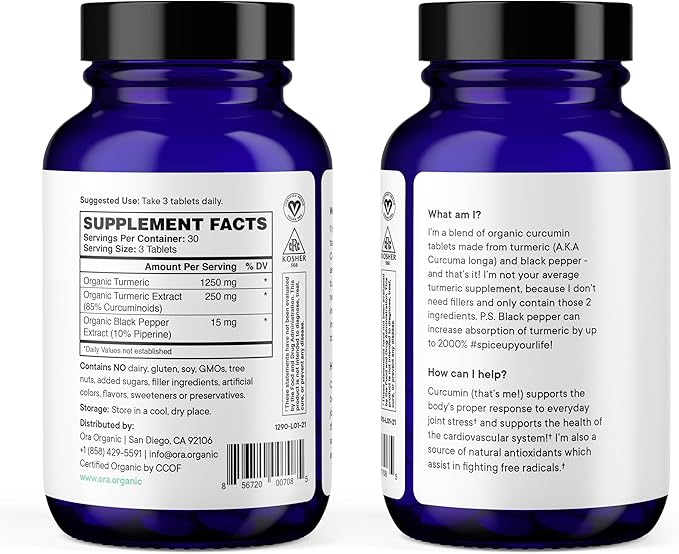 Ora Organic Turmeric Curcumin with Piperine - Pure Extracts for Joint Stress and Cardiovascular Health Support Healthy Cognitive Function No Filler Ingredients - 90 Vegan Tablets 1 Month Supply