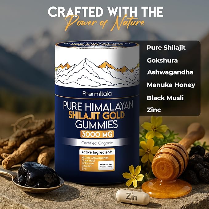 Shilajit Gummies - Himalayan Natural Shilajit Gummies 3000mg - Zinc Ashwagandha - Natural - No Added Sugar - 60 Count