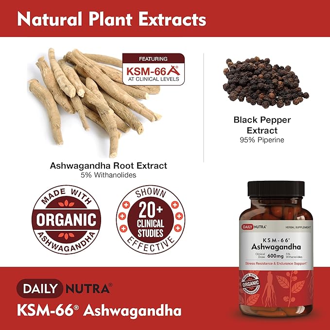 DailyNutra KSM-66 Ashwagandha 600mg Organic Root Extract - High Potency Supplement with 5% Withanolides | Supports Relaxation Focus &amp Energy (270 Capsules)